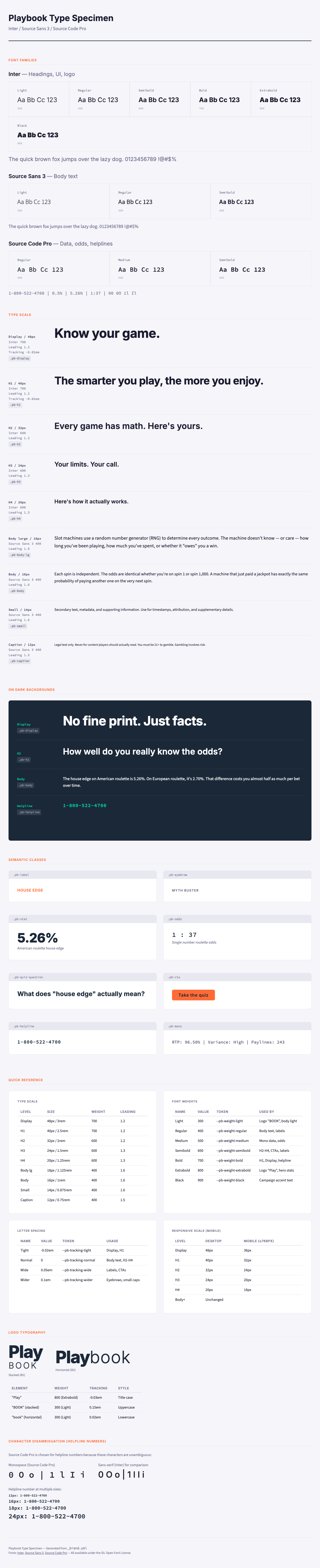 Playbook type specimen showing Inter, Source Sans 3, and Source Code Pro across the full nine-step scale and weight range.